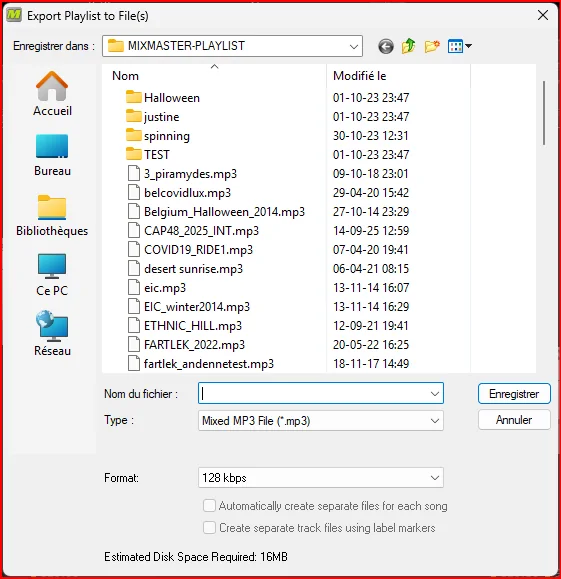 MixMeister Fusion export dialog offering a Mixed MP3 File at 128 kbps