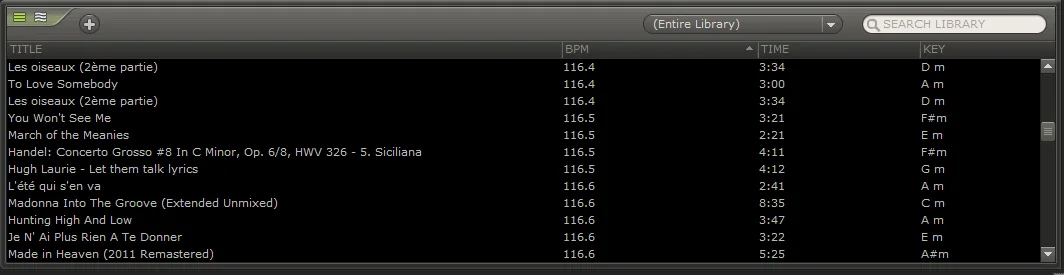 MixMeister Fusion library listing tracks with only three columns: BPM, time and musical key