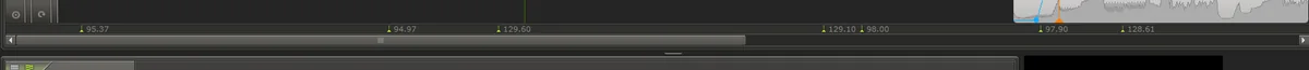 MixMeister tempo ruler showing one fixed tempo per track, jumping from 95 to 129 to 98 to 128 BPM