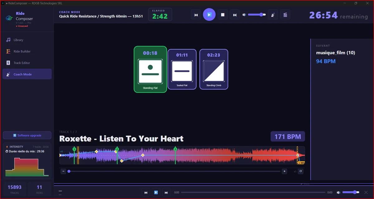 RideComposer Coach Mode playing a class with the coaching cues displayed for the instructor