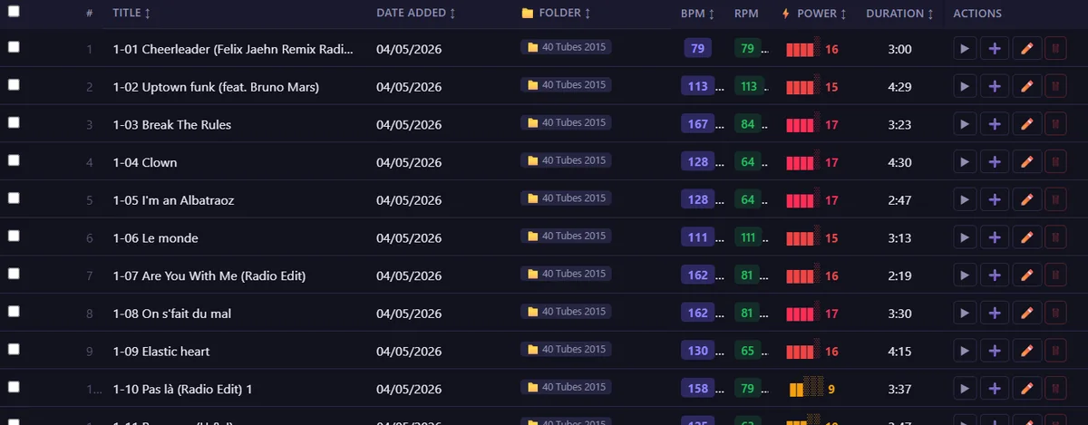 RideComposer music library listing tracks with BPM, RPM cadence, a power rating from 1 to 20 and duration, with energy zone filters