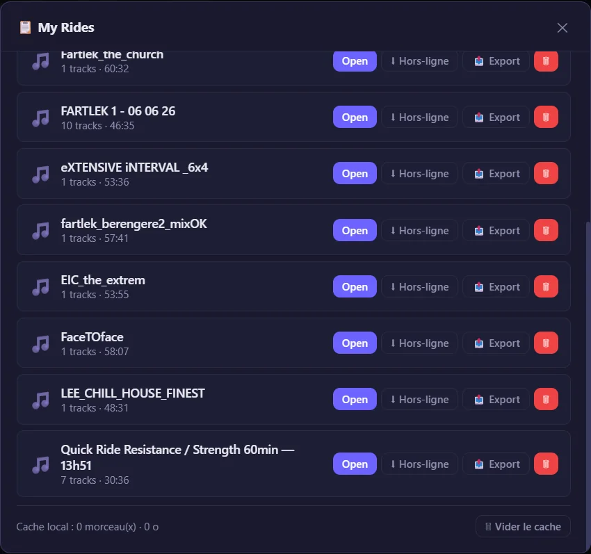RideComposer My Rides window listing saved classes, each one re-openable, exportable and available offline